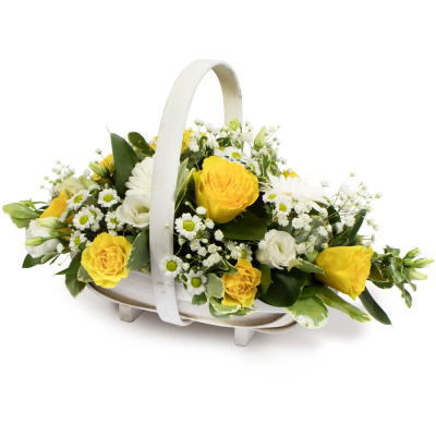 Sympathy Basket - A mixed basket of flowers and foliage offering a gentle, dignified tribute. Thoughtfully arranged to bring comfort and convey heartfelt sympathy during a difficult time. 

Please note images are examples only, flowers used may vary due to seasonal availability.

This item requires 3 days notice to order.