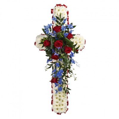 White Cross with Spray - An elegant, classic cross based in white Chrysanthemums with a mixed spray of flowers in a colour of your choice. Edged with ribbon.

Please note images are examples only, flowers used may vary due to seasonal availability.

This item requires 3 days notice to order.