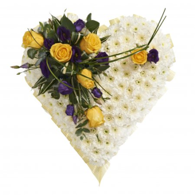 Heart Based - A loving heart shaped tribute in white Chrysanthemums with a spray of roses in a colour of your choice. Edged with ribbon.

Please note images are examples only, flowers used may vary due to seasonal availability.

This item requires 3 days notice to order.