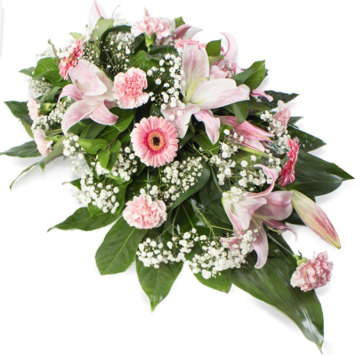 Pink Single Ended Funeral Spray - A beautifully composed teardrop sing-ended spray featuring seasonal flowers in pink blooms. This arrangement offers a serene and respectful farewell. 

Please note images are examples only, flowers used may vary due to seasonal availability.

This item requires 5 days notice to order.