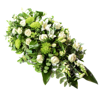 All White Single Ended Funeral Spray - A beautifully composed teardrop sing-ended spray featuring seasonal flowers in White blooms. This arrangement offers a serene and respectful farewell. 

Please note images are examples only, flowers used may vary due to seasonal availability.

This item requires 5 days notice to order.