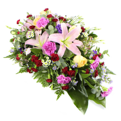 Multi Coloured Single Ended Funeral Spray - A beautifully composed teardrop sing-ended spray featuring seasonal flowers in a mixture of colours. This arrangement offers a serene and respectful farewell. 

Please note images are examples only, flowers used may vary due to seasonal availability.

This item requires 5 days notice to order.