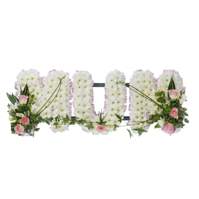 Floral Letters Tribute - Lettered tribute in white Chrysanthemum and a single colour of your choice with sprays. Edged with ribbon.

Please select the number of letters required and type in the word or name in the box provided.

Please contact us by phone or email if you wish to discuss these personal designs further. 

Please note images are examples only, flowers used may vary due to seasonal availability.

This item requires 5 days notice to order.