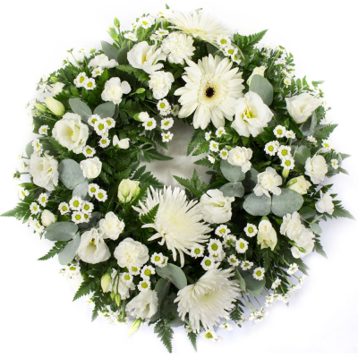 White Wreath Loose - An elegant mixed wreath featuring soft seasonal blooms in White blooms and foliage to create a heartfelt tribute. 

Please note images are examples only, flowers used may vary due