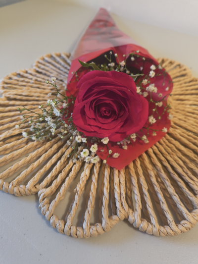 One Rose, One Love - A beautiful red rose presented perfectly wrapped in tissue paper and in a flower sleeve. One Rose for your one love. 

Please note images are examples only, flowers used may vary due to seasonal availability.