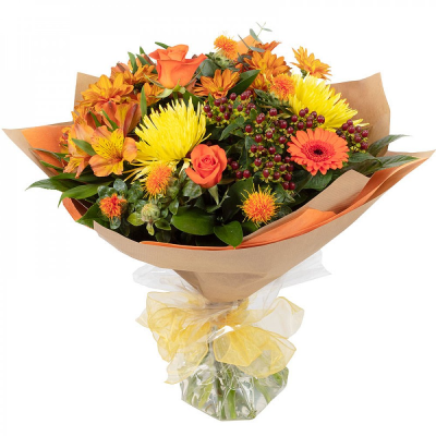Harvest Harmony - Celebrate the beauty of the season with Harvest Harmony, a stunning bouquet bursting with rich autumn tones of golden yellow, warm orange, and soft amber blooms. Expertly arranged with seasonal flowers and fresh foliage, this cheerful design captures the warmth and charm of crisp autumn days. Perfect for bringing a touch of autumn sunshine into the home. Beautifully wrapped and presented in a water filled gift box.

Please note images are examples only, flowers used may vary due to seasonal availability.