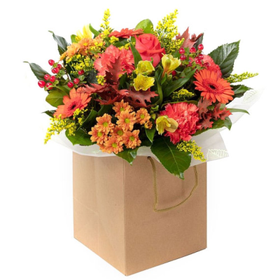 Falling Leaves & Petals - Embrace the beauty of autumn with Falling Leaves & Petals, a stunning arrangement bursting with rich shades of orange, peach, and golden yellow. Filled with seasonal blooms, berries, and fresh foliage, this vibrant design captures the warmth and charm of crisp autumn days. Beautifully wrapped and presented in a water filled gift box. 

Please note images are examples only, flowers used may vary due to seasonal availability.